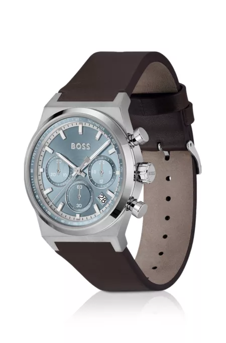 Silver-tone chronograph watch with brown leather strap