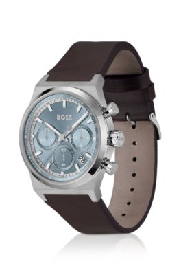 Cron&oacute;grafo en tono plateado con correa de piel marr&oacute;n, Assorted-Pre-Pack