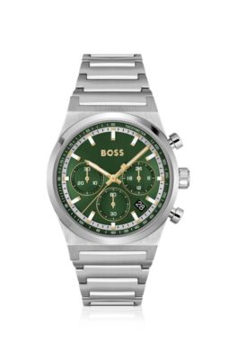 BOSS - Green-dial chronograph watch in silver-tone steel