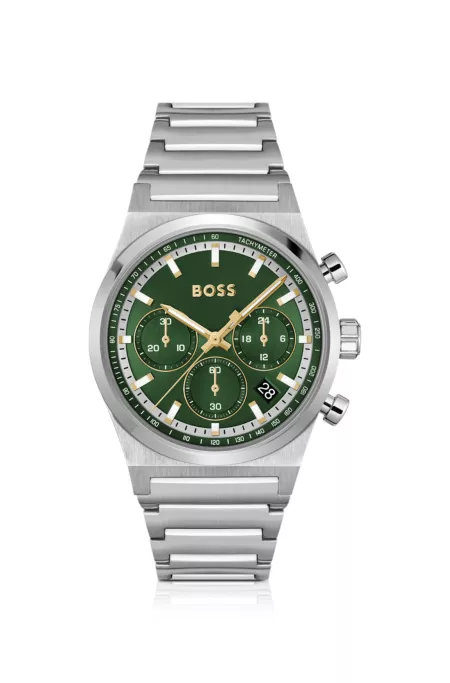 Green-dial chronograph watch in silver-tone steel