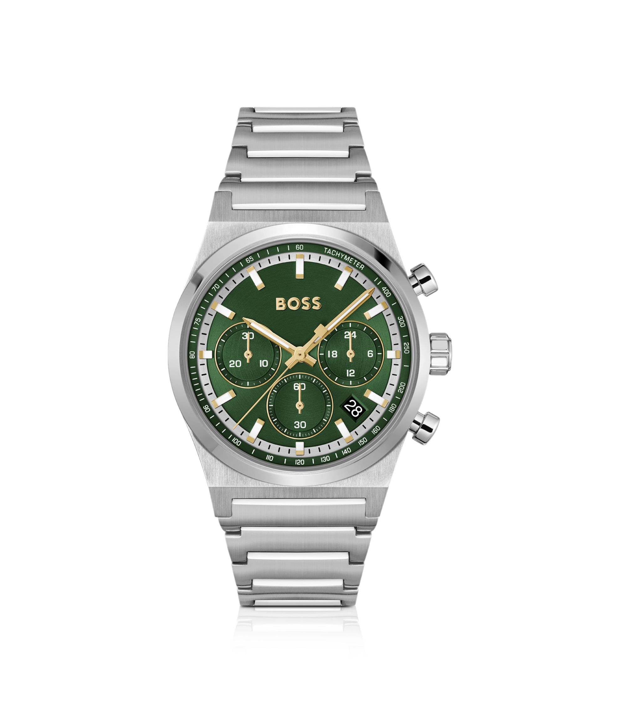 HUGO BOSS イヤフォン オリーブグリーン BOSS - Green-dial chronograph watch in silver-tone steel
