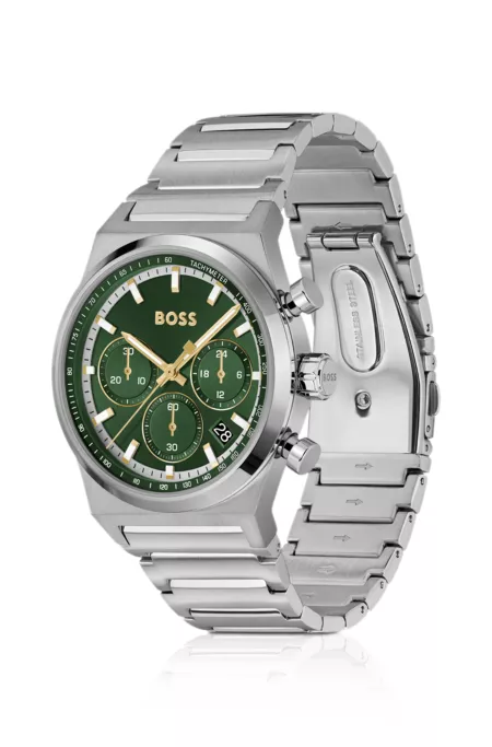 Green-dial chronograph watch in silver-tone steel