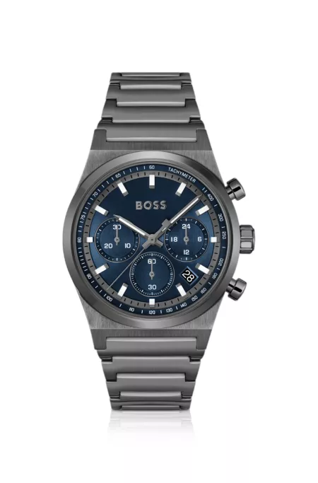 Blue-dial chronograph watch in grey-plated steel