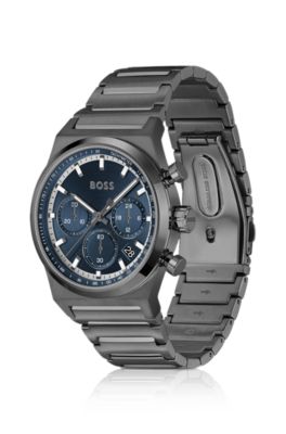 Blue-dial chronograph watch in grey-plated steel