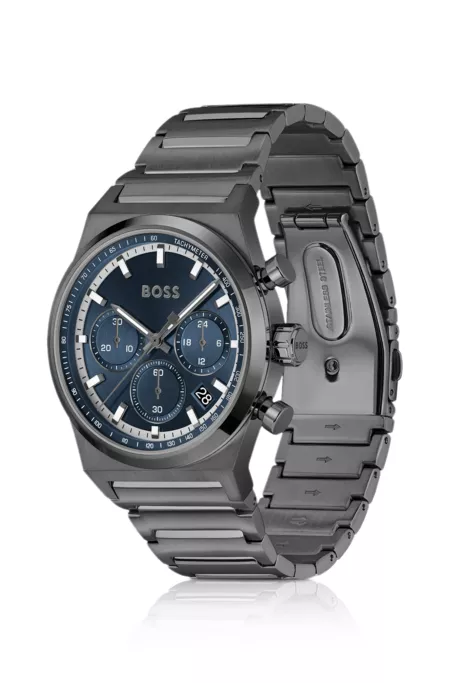 Blue-dial chronograph watch in grey-plated steel