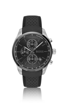 Leather-strap chronograph watch with black dial, Assorted-Pre-Pack