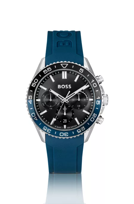 Black-dial chronograph watch with blue silicone strap