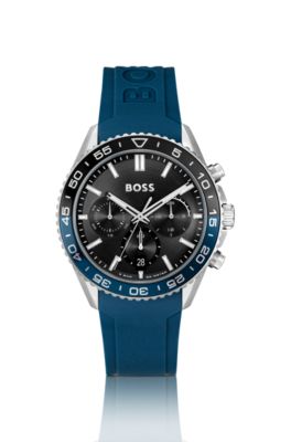 Black-dial chronograph watch with blue silicone strap, Assorted-Pre-Pack