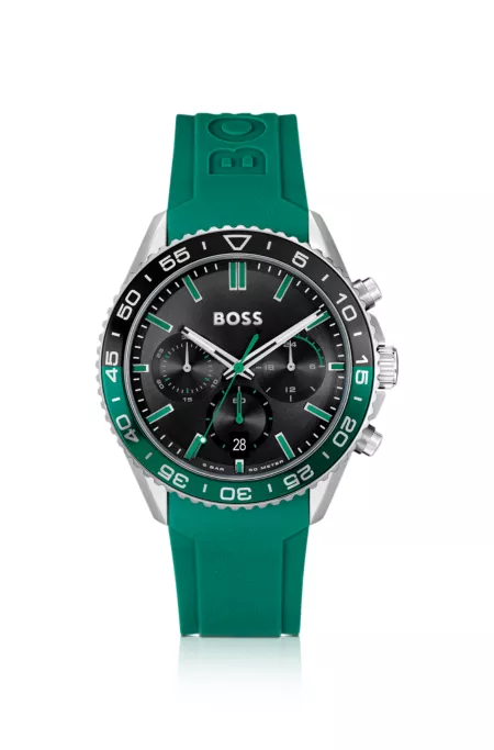 Black-dial chronograph watch with silicone strap