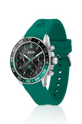 Black-dial chronograph watch with silicone strap