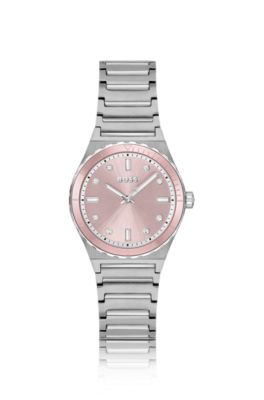 Reloj con pulsera de eslabones y esfera rosa con &iacute;ndices de cristal, Assorted-Pre-Pack