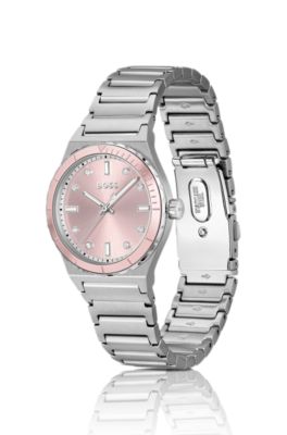 Reloj con pulsera de eslabones y esfera rosa con &iacute;ndices de cristal, Assorted-Pre-Pack