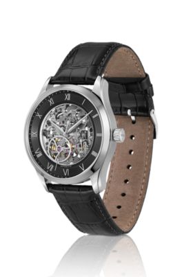 Leather-strap watch with skeleton Japanese automatic movement, Assorted-Pre-Pack