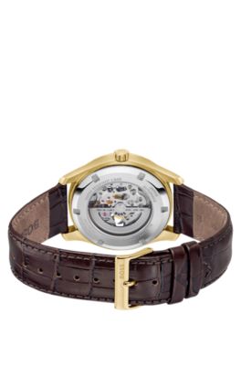 Gold-tone automatic watch with crocodile-embossed leather strap, Assorted-Pre-Pack