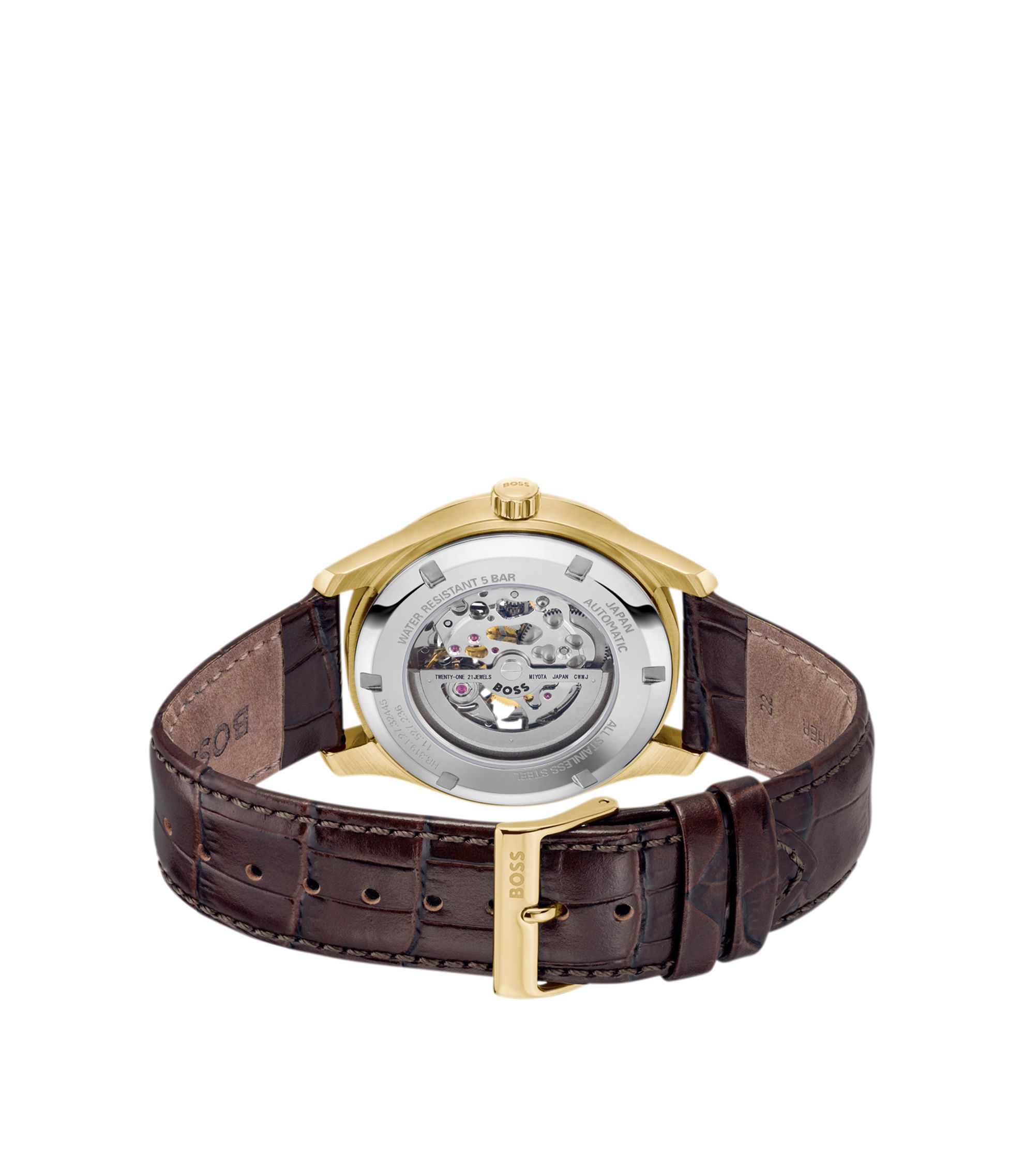 BOSS - Gold-tone automatic watch with crocodile-embossed leather strap