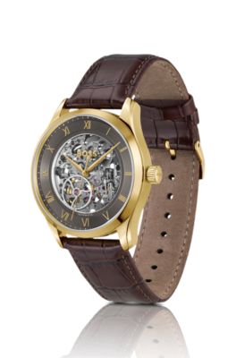 Gold-tone automatic watch with crocodile-embossed leather strap, Assorted-Pre-Pack