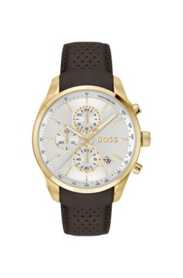 Gold-tone chronograph watch with perforated leather strap, Assorted-Pre-Pack