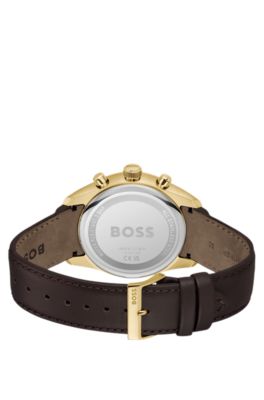 Gold-tone chronograph watch with perforated leather strap, Assorted-Pre-Pack