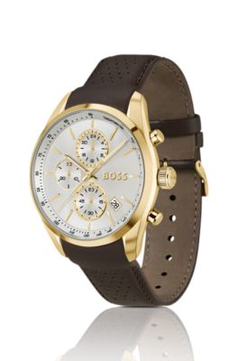Gold-tone chronograph watch with perforated leather strap, Assorted-Pre-Pack