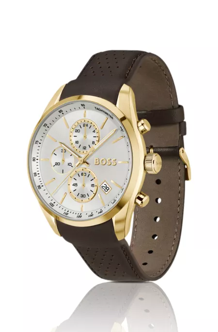 Gold-tone chronograph watch with perforated leather strap