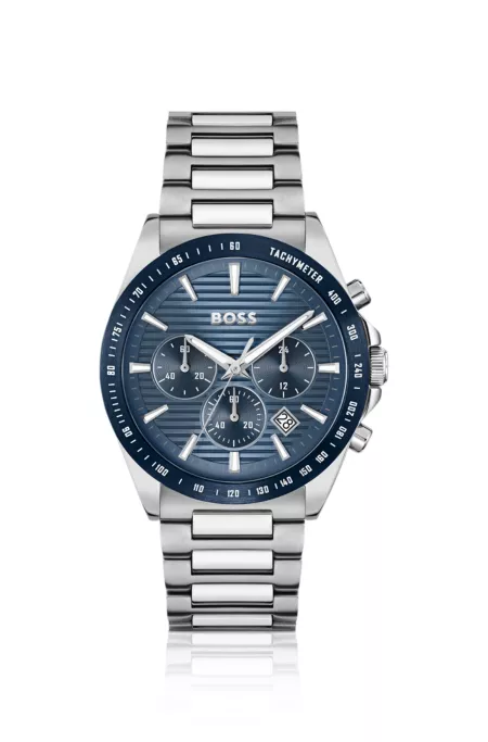 Link-bracelet chronograph watch with blue textured dial
