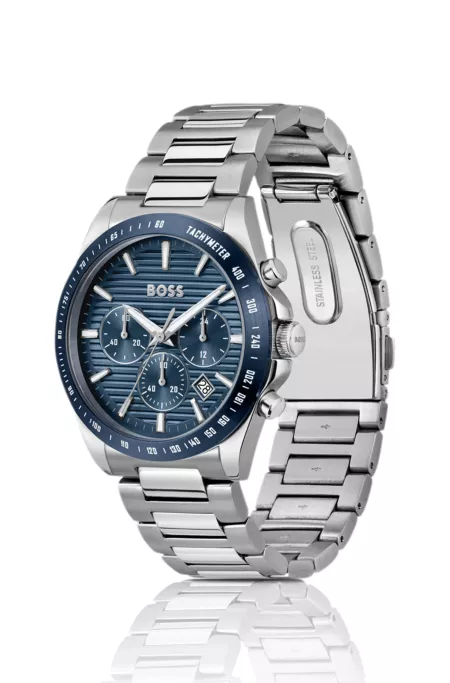 Link-bracelet chronograph watch with blue textured dial