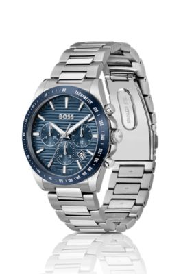 Link-bracelet chronograph watch with blue textured dial, Assorted-Pre-Pack