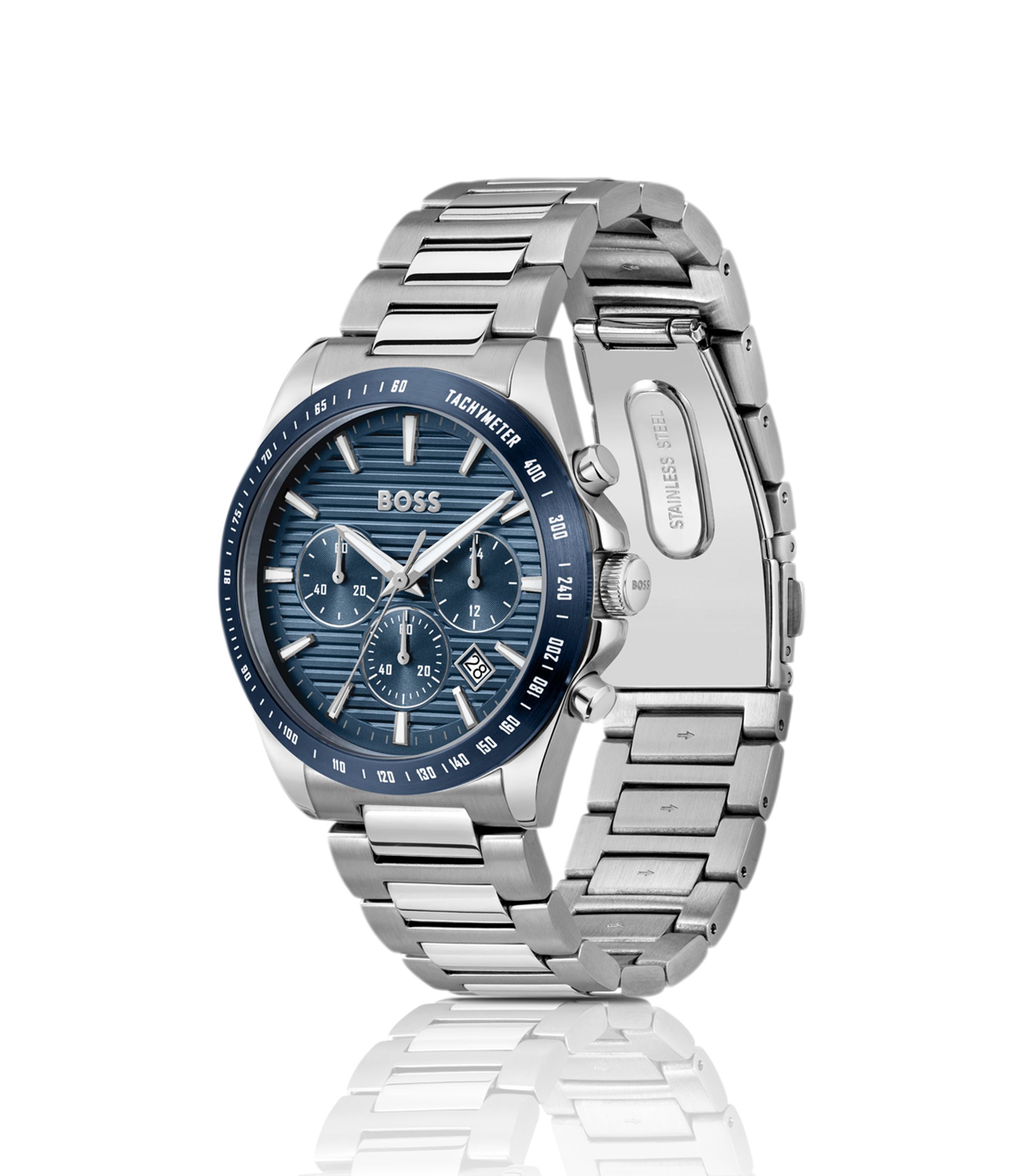 BOSS - Link-bracelet chronograph watch with blue textured dial