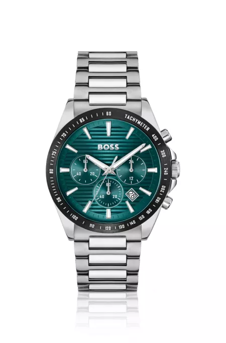 Link-bracelet chronograph watch with green grooved dial