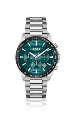 Link-bracelet chronograph watch with green grooved dial, Assorted-Pre-Pack