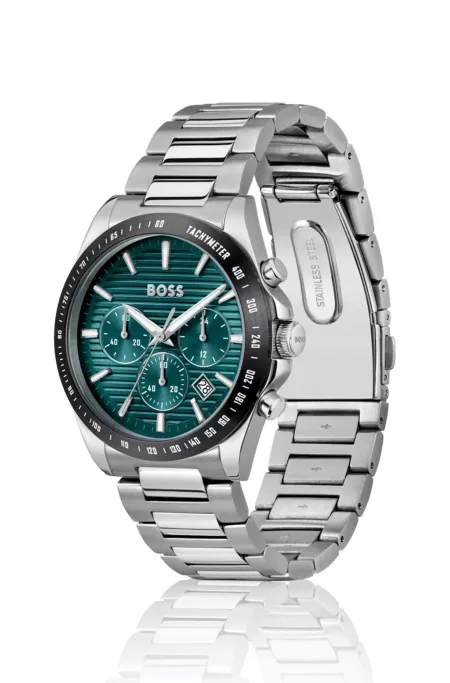 Link-bracelet chronograph watch with green grooved dial