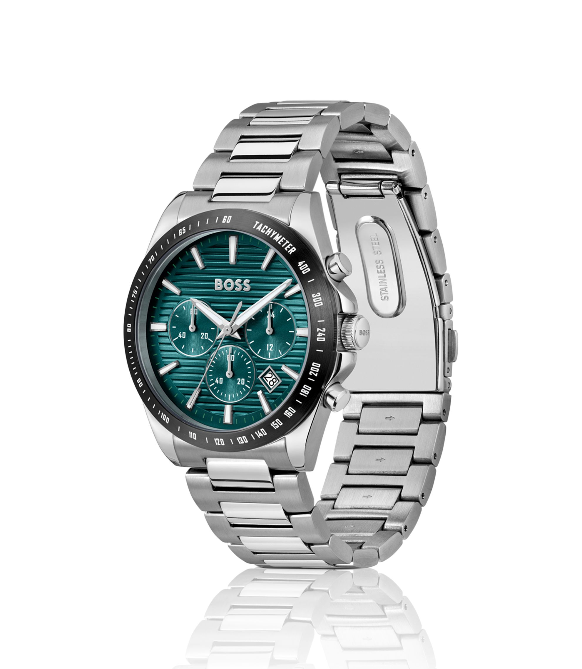 boss BOSS - Link-bracelet chronograph watch with green grooved dial