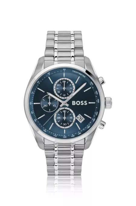Blue-dial chronograph watch in silver-tone steel