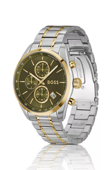 Olive-dial chronograph watch with two-tone effect