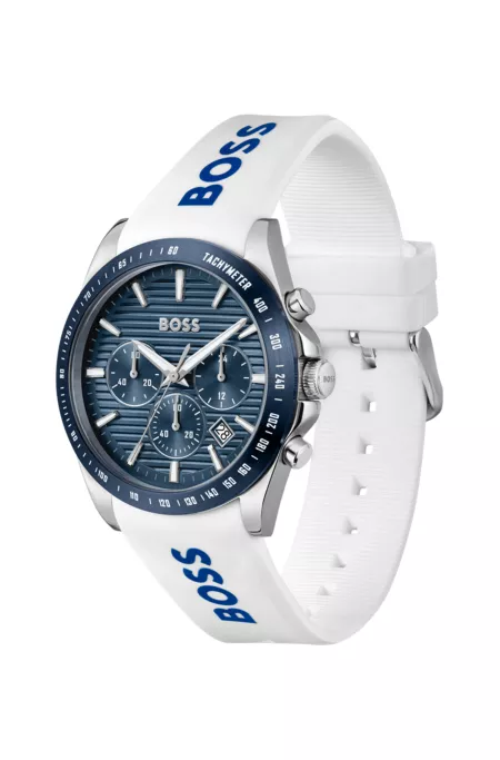 Grooved-dial chronograph watch with silicone logo strap