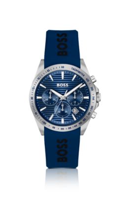 Logo-strap chronograph watch with blue textured dial, Assorted-Pre-Pack