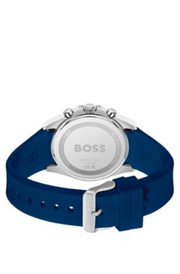 Logo-strap chronograph watch with blue textured dial, Assorted-Pre-Pack