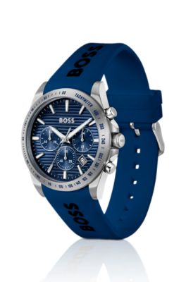 Logo-strap chronograph watch with blue textured dial, Assorted-Pre-Pack