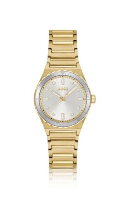 Reloj en tono dorado con &iacute;ndices de cristal y pulsera de eslabones, Assorted-Pre-Pack