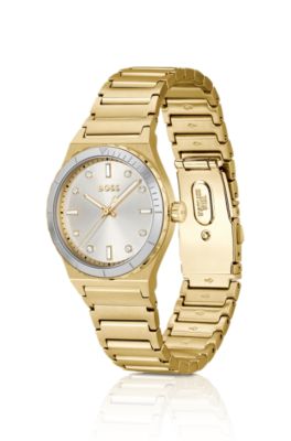 Reloj en tono dorado con &iacute;ndices de cristal y pulsera de eslabones, Assorted-Pre-Pack