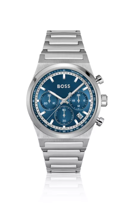 Silver-tone chronograph watch with blue dial