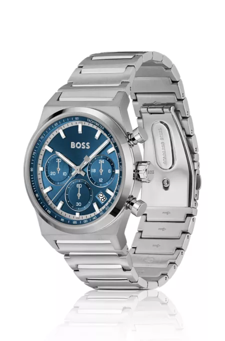 Silver-tone chronograph watch with blue dial