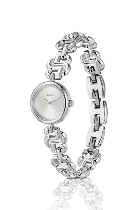Silver-tone watch with monogram-link bracelet