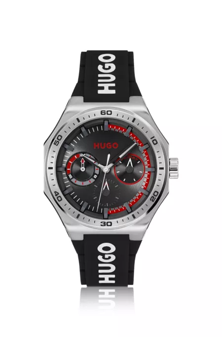 Silver-tone watch with silicone logo strap