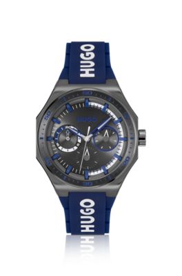 Grey-plated watch with silicone logo strap, Assorted-Pre-Pack