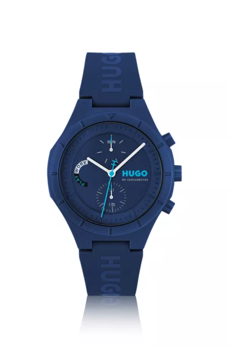 Blue watch with silicone logo strap