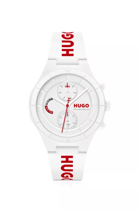White watch with silicone logo strap