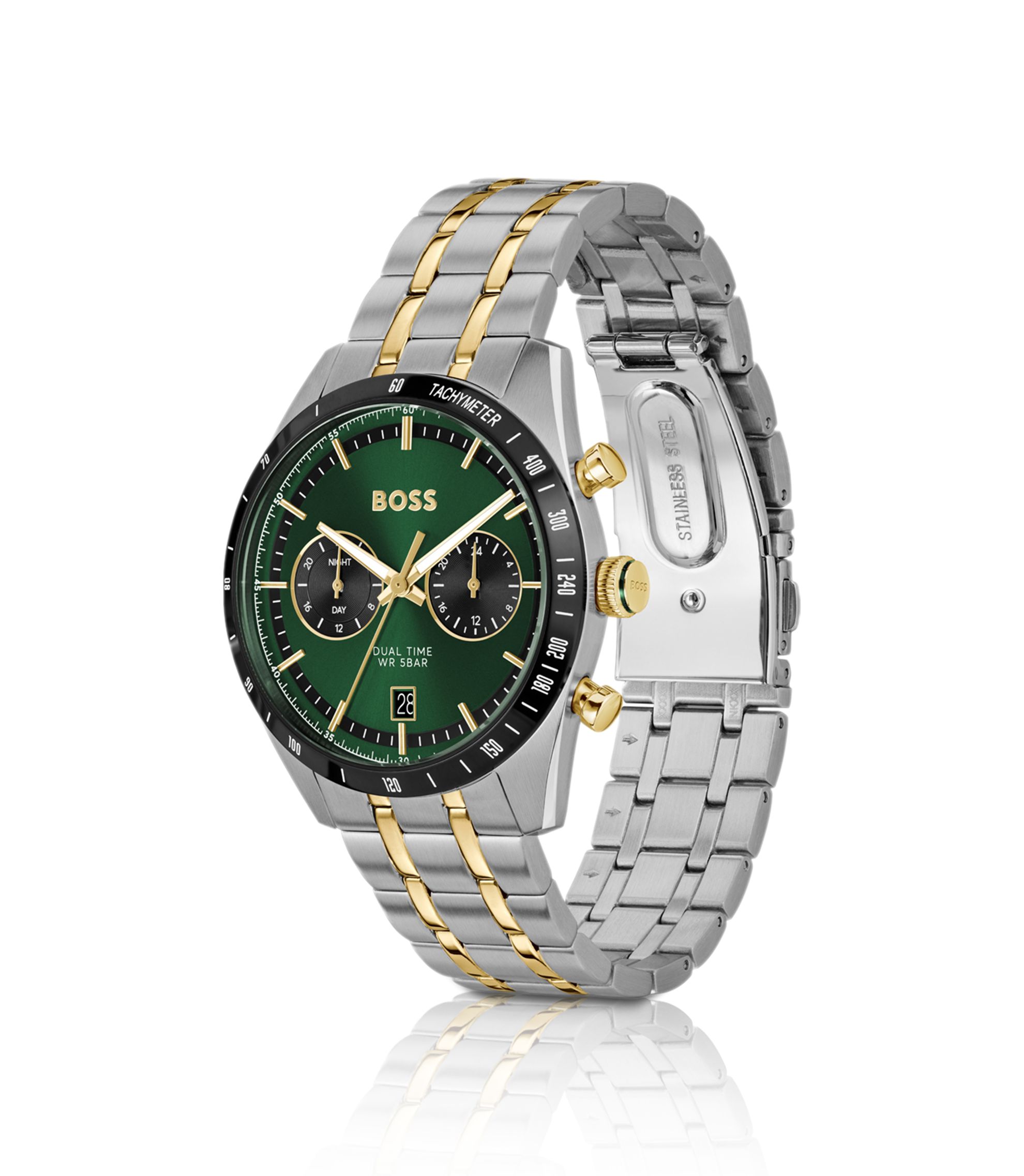 BOSS - Green-dial watch with gold-effect bracelet