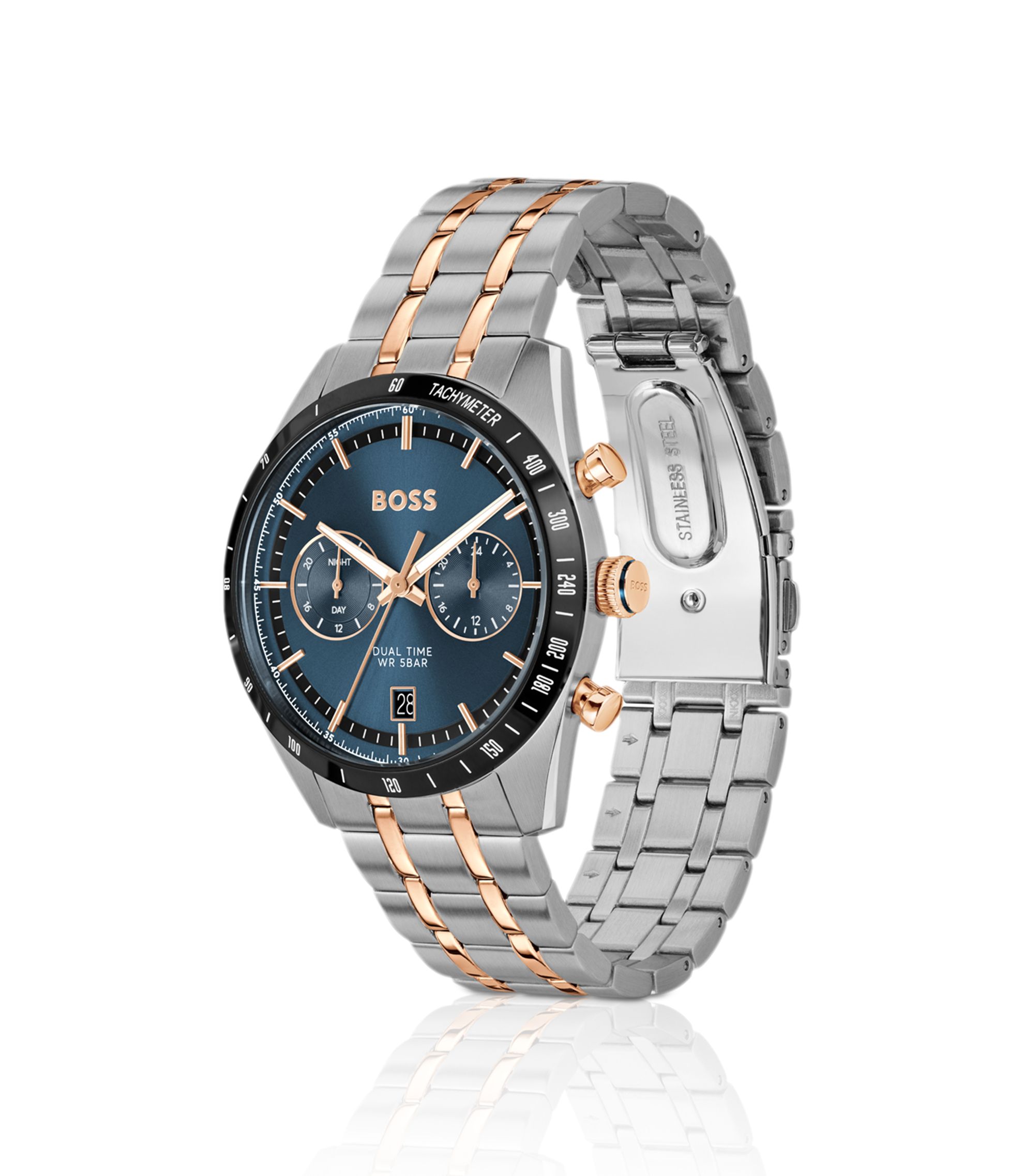 BOSS - Blue-dial watch with two-tone bracelet