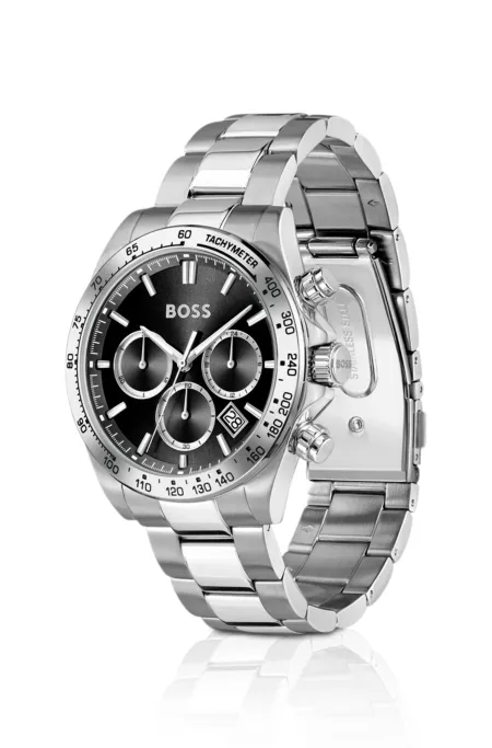 Hero 2.0 Black dial chronograph watch with steel bracelet